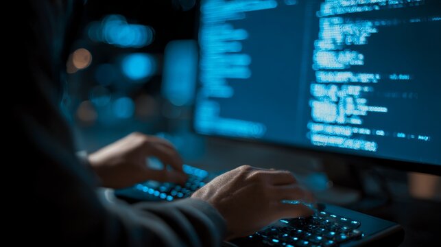 Programmer hands typing lines of code on a glowing computer keyboard during a late night session