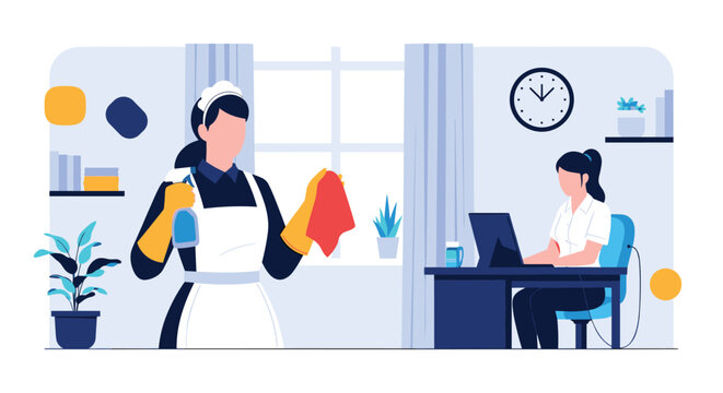 Professional cleaning service maid tidies a home office while a young woman stays focused on her work at a laptop nearby.