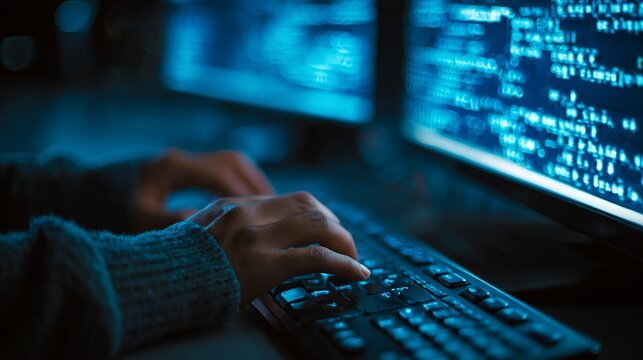 Professional software developer typing complex computer code on a keyboard during a late night work session