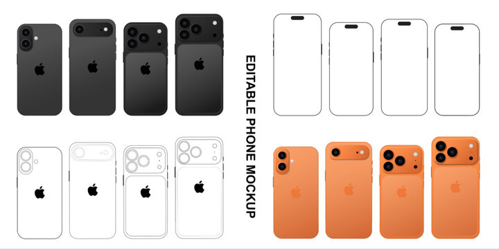 Realistic Smartphone Mockup icon with blank screen. iphone 17 series and pro max smartphone mockup. white gray, orange, smartphone device blank screen mockup template phone layout. vector illustration