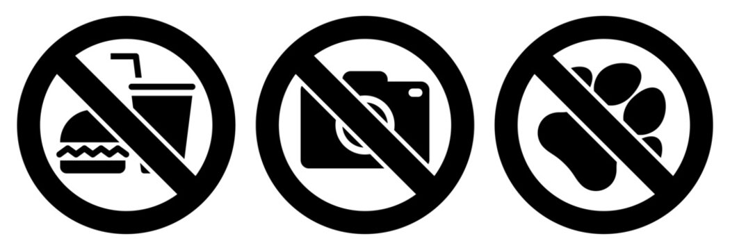 No eating and drinks allowed, No photography, No pets symbols, stop, ban or prohibited icon set for public safety notices.