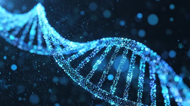 Cinematic 3D animation of glowing blue DNA double helix strand rotating on a dark background with floating particles.