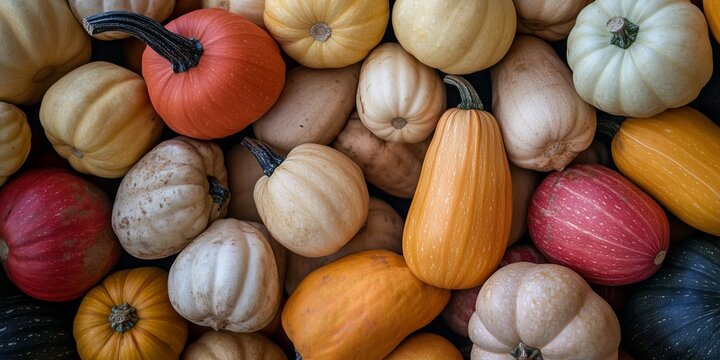 Vibrant fall harvest display showcasing a variety of ornamental gourds and winter squash types.