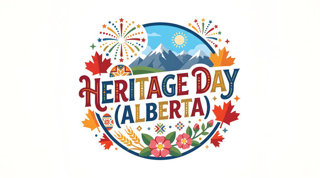 Heritage day alberta logo with colorful maple leaves