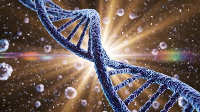 Detailed close-up of a DNA double helix model with glowing light effects and scattered particles in the background