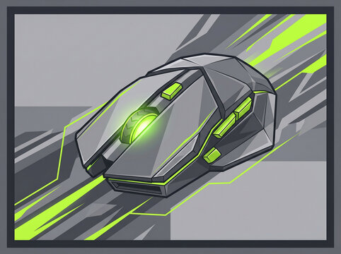 Angular Grey And Green Gaming Mouse Illustration With Speed Lines