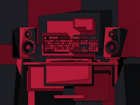 Abstract Red And Black Geometric Computer Desk Setup Illustration
