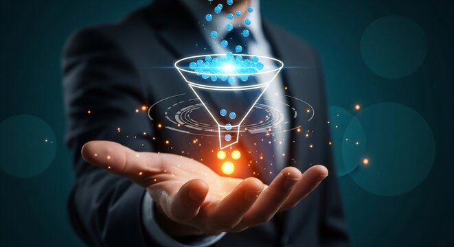 Businessman holding a digital funnel symbolizing data processing and filtering