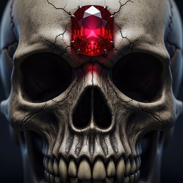 Skull with a red gem, dark and detailed.