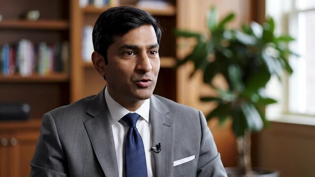 Professional man in grey suit discusses strategic planning and execution in interview