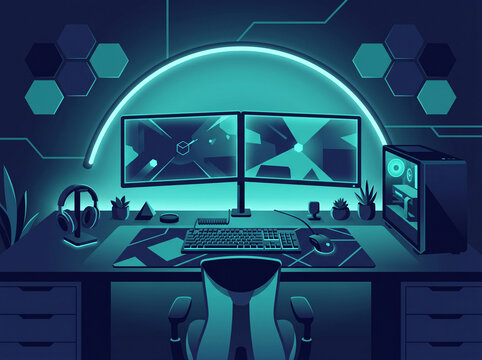 Modern Gaming Desk Setup With Dual Monitors And Cyan Neon Lighting