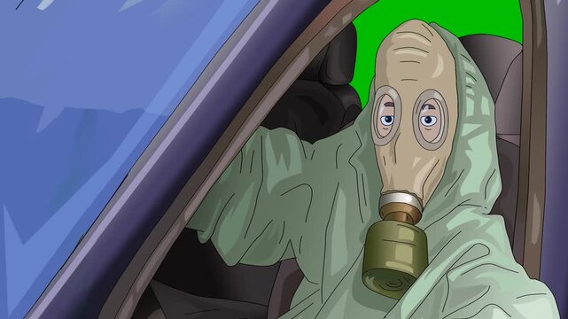 Cartoon Character Wearing Gas Mask Inside Car on Green Screen Background