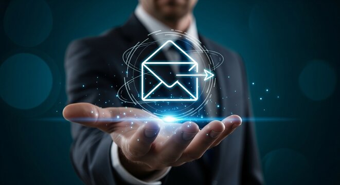 Businessman's hand holds glowing envelope icon with outgoing arrow and digital network