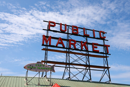 Seattle, WA, USA - August 04, 2025:Pike Place Market is a public market overlooking the Elliott Bay waterfront in Seattle, Washington. The Market opened in 1907.