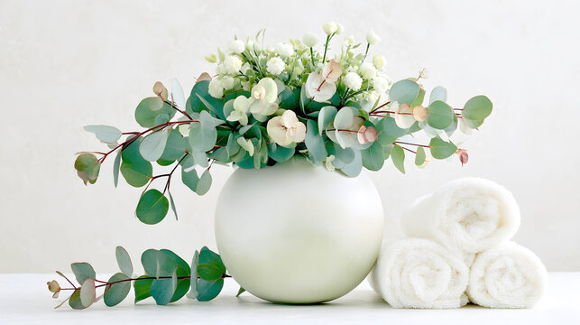A serene spa-like arrangement featuring a round, textured ceramic vase filled with delicate white flowers and green eucalyptus, paired with a soft stack of fluffy white towels
