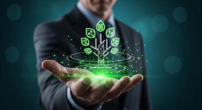 Businessman holding a glowing digital tree representing ESG principles and sustainability