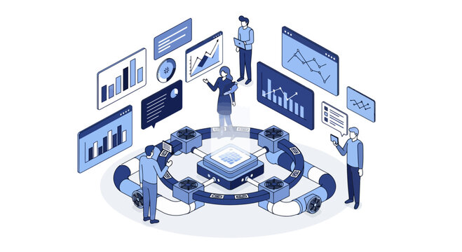 Professionals analyze server architecture and cloud infrastructure around a central computer.