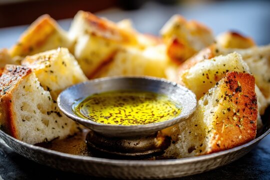 Warm crusty bread pieces surrounding shallow dish of peppery olive oil ready for tasting experience, appetite-stimulation composition