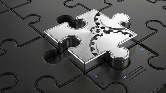 metallic puzzle piece containing mechanical gears fitting into dark matte board complex business strategy problem solving teamwork concept abstract rendering background
