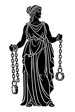 Ananke primordial Greek goddess of fate and inevitability holding symbolic chains silhouette mythology illustration