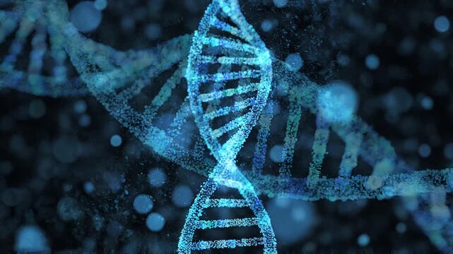 Cinematic 3D animation of glowing blue DNA double helix strand rotating on a dark background with floating particles.