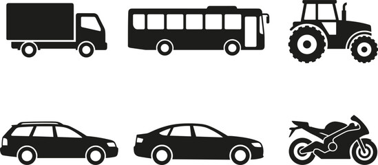 Collection of vehicle silhouettes including truck bus tractor cars and motorcycle, transport icons set, isolated black shapes on white background © uzzala