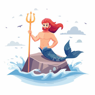 Illustration of a merman holding a trident, sitting on a rock in the sea