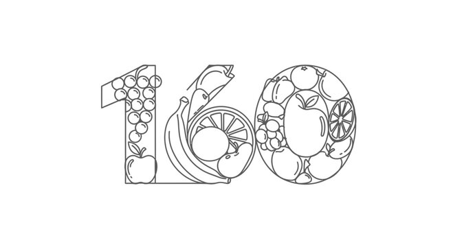Number 160 formed by fresh fruits and vegetables, healthy eating concept