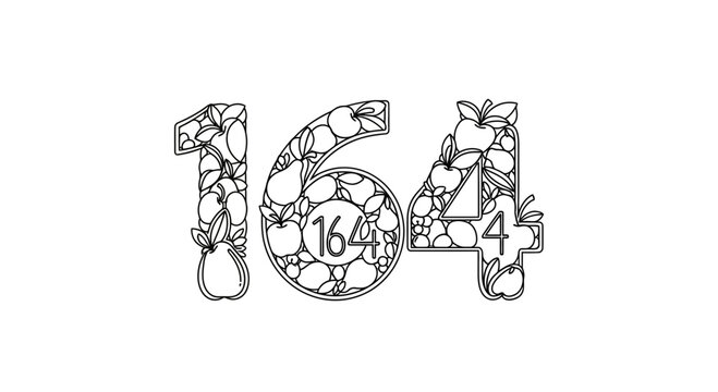 Number 164 Decorated with Fruits and Leaves, Outline Illustration