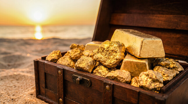 Antique wooden pirate treasure chest overflowing with shiny gold bars and rough golden nuggets sitting on sandy beach during beautiful bright evening sunset