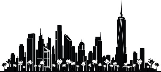 Modern city skyline silhouette with skyscrapers and palm trees for urban design, travel themes, tourism promotion, and architecture illustration © uzzala