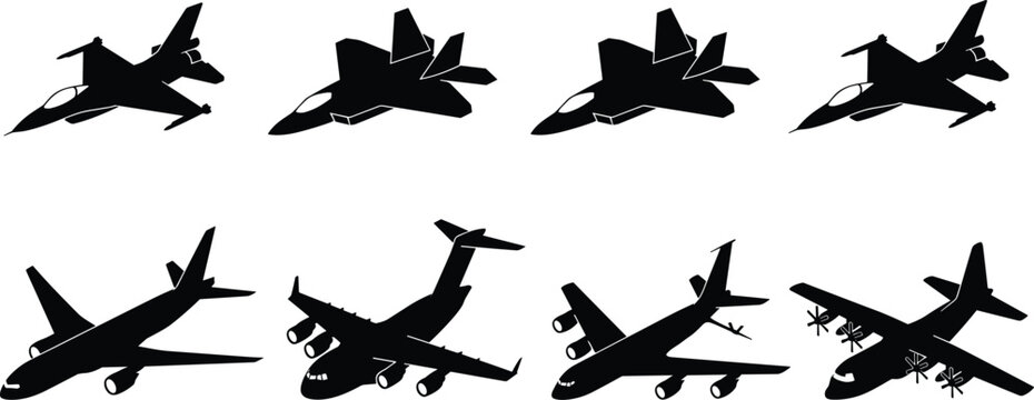 Military Fighter Jet and Commercial Airplane Silhouette Collection for Aviation Transport, Aerospace, Defense, and Travel Design Projects