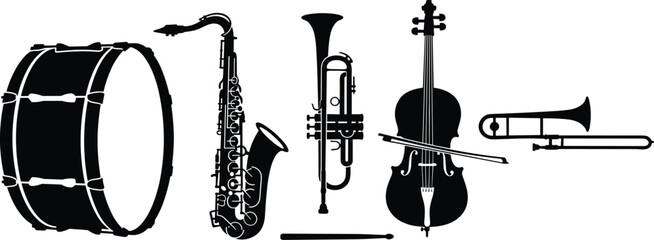 Musical instrument silhouette collection featuring drum saxophone trumpet violin and trombone isolated vector illustration for music design projects © uzzala