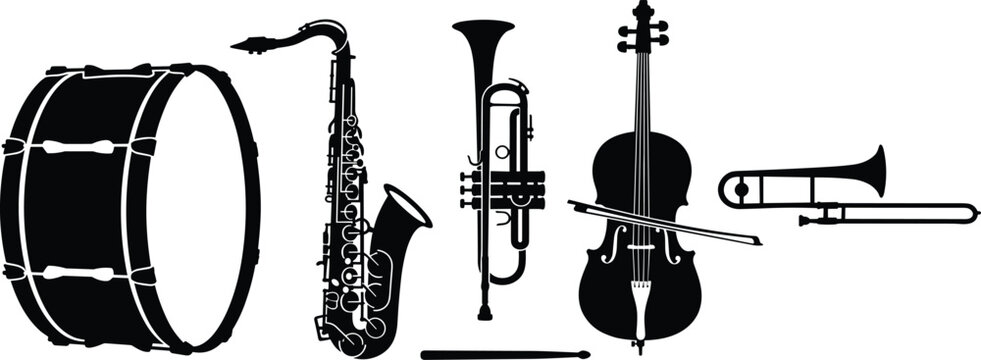 Musical instrument silhouette collection featuring drum saxophone trumpet violin and trombone isolated vector illustration for music design projects