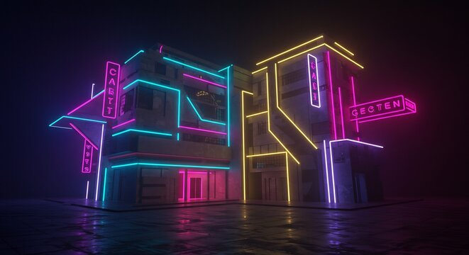 サイバーパンクな夜の街並みに鮮やかに輝くネオンライトの未来的な建築物 暗闇に映えるカラフルな光が魅力的. AI Generated