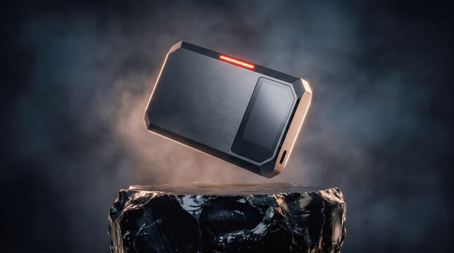 Sleek futuristic portable metallic digital storage drive featuring glowing red indicator light resting on dark jagged crystal rock against moody misty background