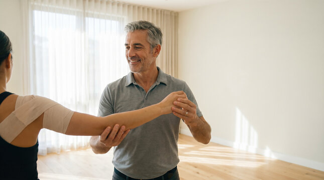 Smiling handsome male physical therapist gently supporting bandaged shoulder of female patient during effective orthopedic rehabilitation treatment inside bright spacious medical clinic
