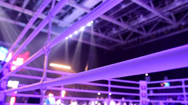 Close-up view of a boxing ring corner with ropes under bright arena lights during a professional sports event indoors.