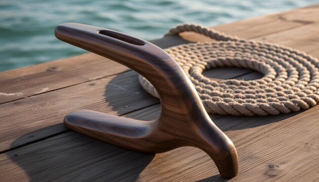 Handcrafted wooden forcola oarlock on a dock representing Venetian rowing traditions and the Regatta Antiche Republica Marinare concept for historical maritime heritage