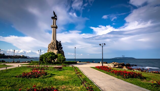 A scenic coastal park with a statue and walking path