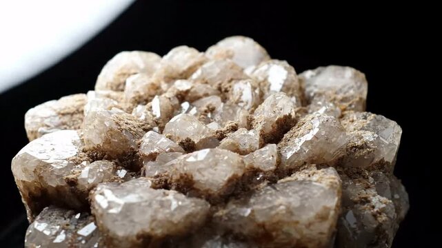 Macro close-up of sparkling crystal cluster formation with earthy brown matrix and translucent facets, geode texture, geological natural mineral