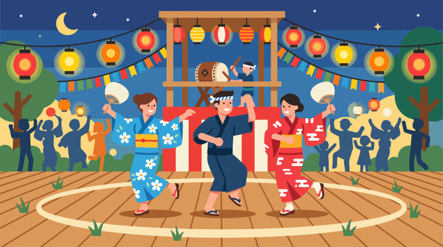 This lively flat design illustration captures the energetic spirit of the Bon Odori dance during the Obon Festival, featuring stylized dancers in traditional yukata. 