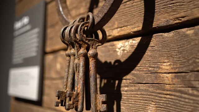 Close-up of antique rusty keys hanging on a metal ring against aged wooden planks with descriptive text