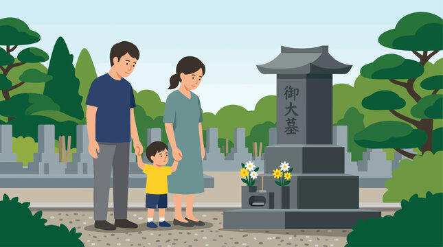 A touching flat design illustration showing a family visiting a grave during the Obon Festival, honoring their ancestors with respect and remembrance. 