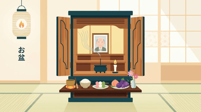 This serene flat design illustration depicts a traditional Japanese Butsudan, or Buddhist altar, set up for Obon with offerings and a lit candle to honor ancestors. 