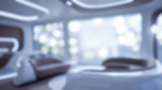 Defocused interior modern cool futuristic room abstract blurred background showing elegant organic curved architecture large circular sofa bright illuminated glowing neon windows
