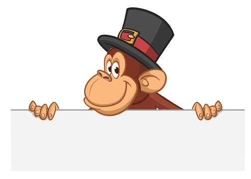 Cartoon monkey chimpanzee in flat hat cylinder holding blank empty white paper or placard for menu. Vector illustration of happy monkey character