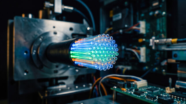 Bright glowing colorful fiber optic bundle connected into modern electronic circuit board hardware transmitting digital data high speed internet network