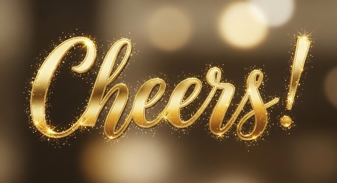 煌めく金色の「Cheers」の文字が画面全体で光り輝き喜びと祝賀の瞬間を力強く表現する 暖かく拡散するボケ光が背景に優しく溶け込み新年のカウントダウンや成功を祝う乾杯シーンを豪華に彩るデジタルアート