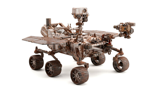 Weathered rusty space exploration rover vehicle featuring solar panels camera equipment isolated over white background futuristic extraterrestrial mission science technology concept machinery